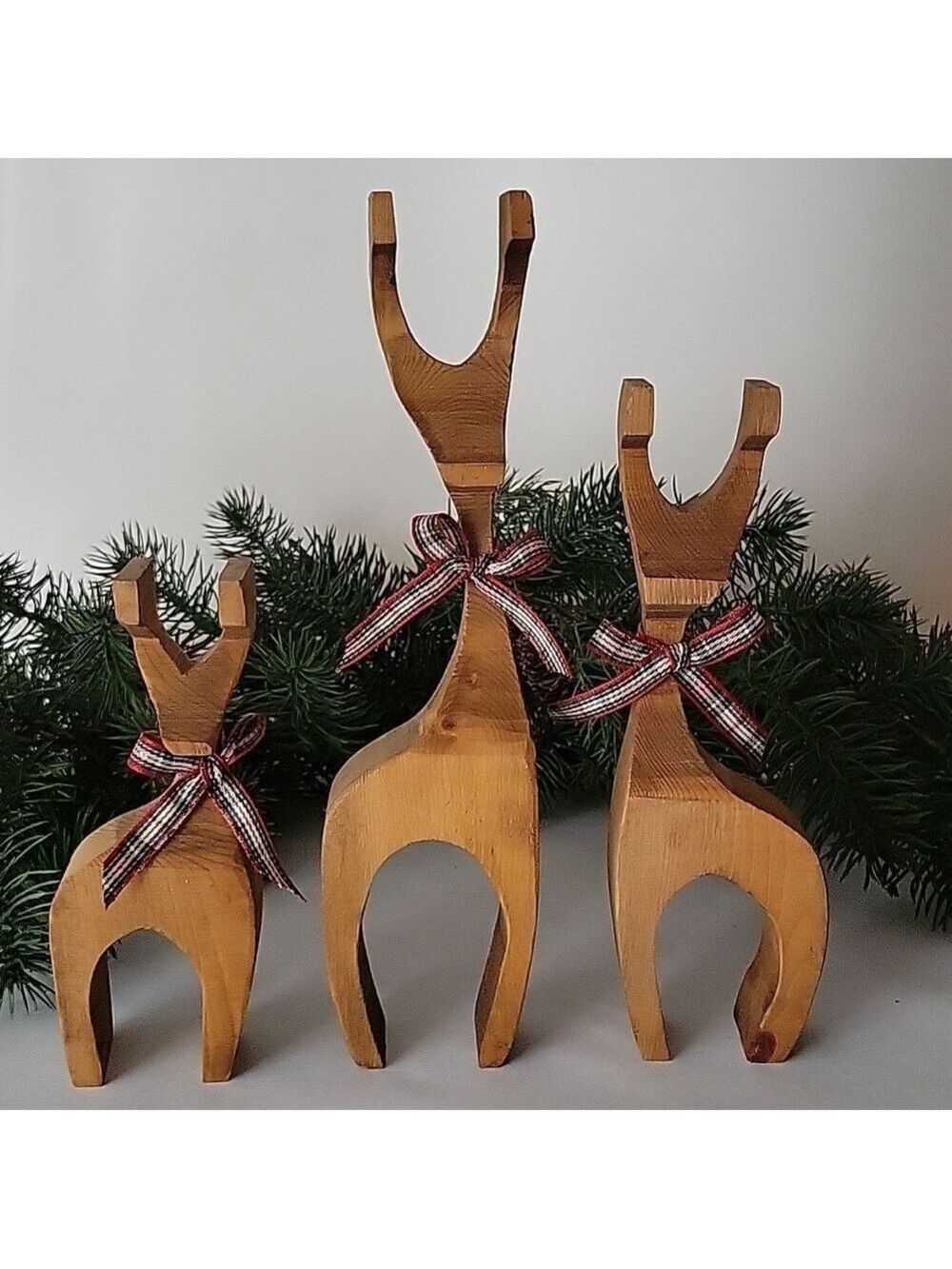 Set of (3) Handcrafted MCM Vintage Wooden Christmas Reindeer, Minimalistist
